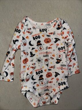 Baby Size 6M Halloween Bodysuit - White with Orange & Black Prints